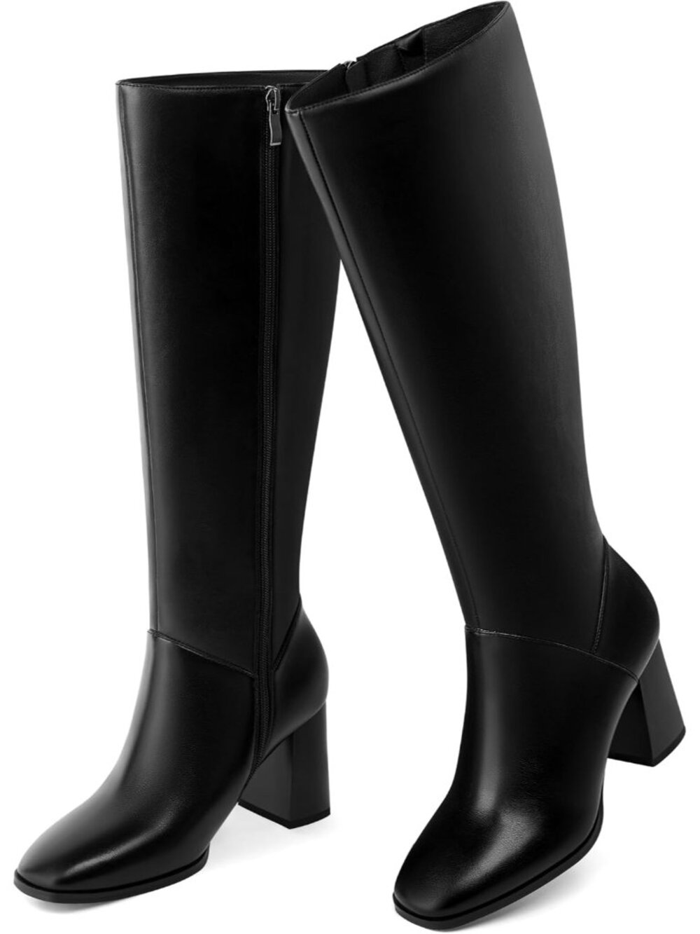 Women's Black Pu Knee High Boots Square Toe Chunky Block Heel Boots Side Zipper